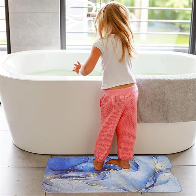 Blue Bathtub Mat Non Slip Marble Gold Line Extra Long Bath Mat - Image 5
