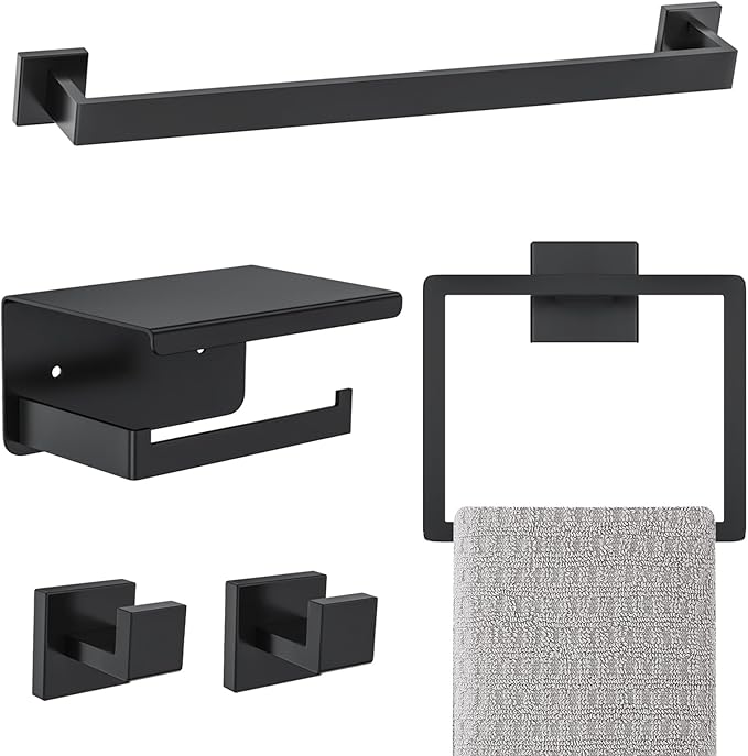 Matte Black Bathroom Hardware Accessories Set 5-Pieces Black Towel Bar Set by Kiakuoow