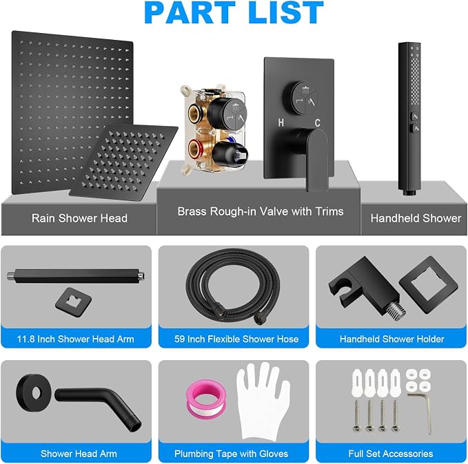 Shower Faucet Set, 3-Setting Push Button Matte Black Shower System, 12 Inch - Image 7