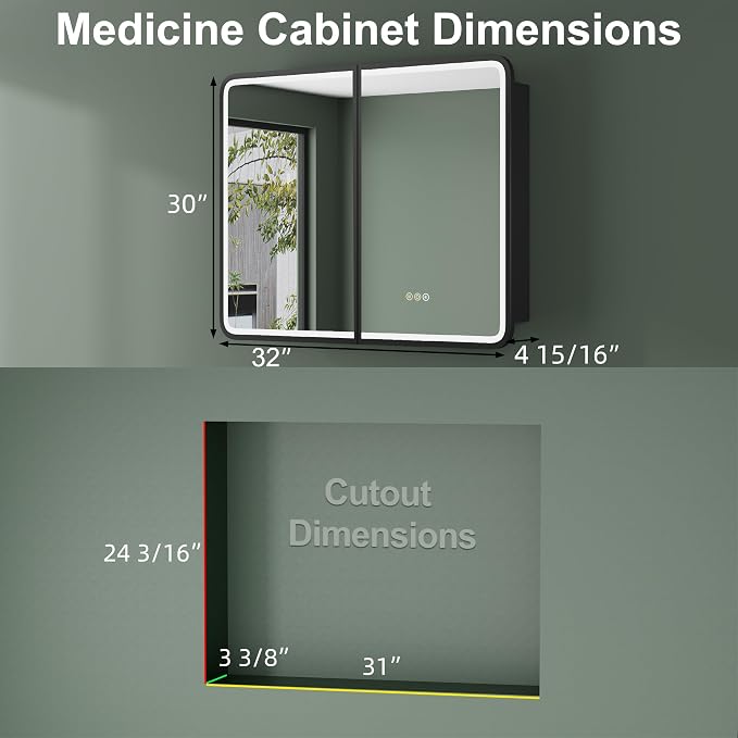 Medicine Cabinet with LED Lights and Mirror, 32 x 30 Inch Wall or Recessed - Image 2