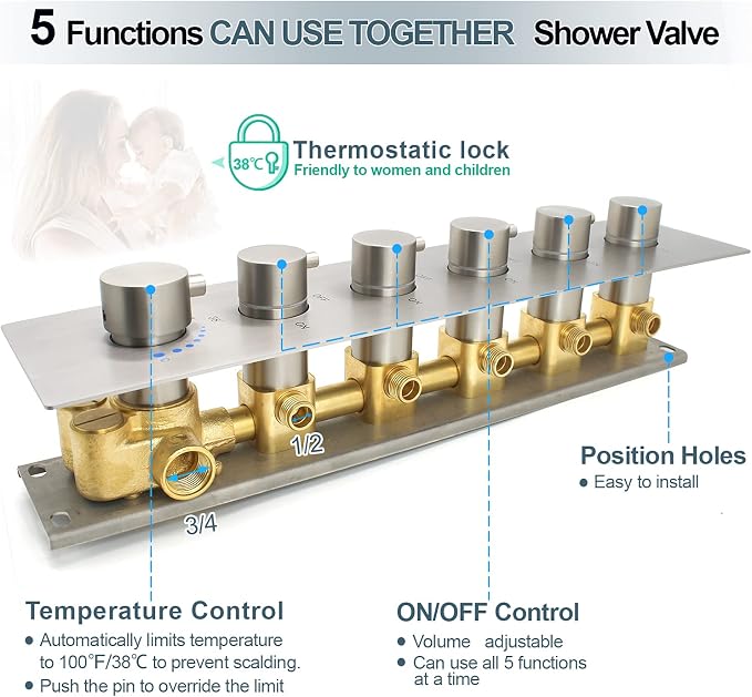 HOMEDEC 5-Function Brass Thermostatic Shower Valve Kit Can Run at Same Time - Image 4