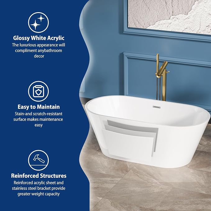 Sarlai 59 Inch Acrylic Freestanding Soaking Bathtub Contemporary Soaking White - Image 4
