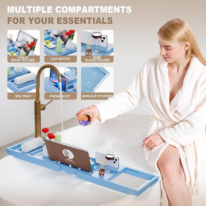 Yirilan Bamboo Bathtub Tray Caddy, 1 or 2 Person Expandable Wooden Bathroom Tray - Image 3