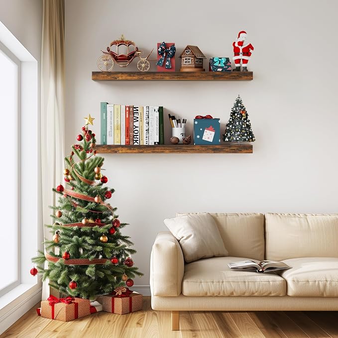 BAYKA Floating Shelves, 36 inches Long Wall Mounted Rustic Wood Shelves - Image 2