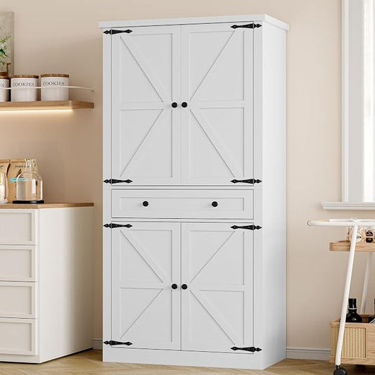 Pantry Organizers and Storage Cabinet, 70” Barn Door White Kitchen Cabinet by BORNOON