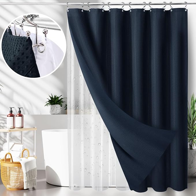 LaCyan 3 in 1 Waterproof Waffle Weave Shower Curtain and Clear Liner Set by Lacyan
