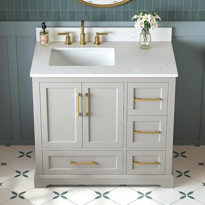 36 Inch Bathroom Vanity with Sink Combo, Solid Wood Frame with Mable Top - Image 3