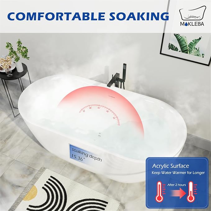 67" Acrylic Freestanding Bathtub, Elegant Oval Free Standing Tub, Soaking Tub - Image 8
