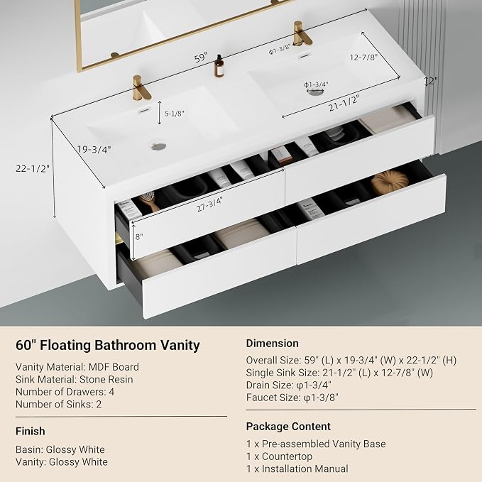 60" Wall-Mounted Bathroom Vanity, Double Sink Floating Cabinet - Image 2