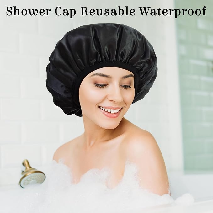 Shower Cap Reusable Waterproof, Terry Lined Shower Caps - Image 3