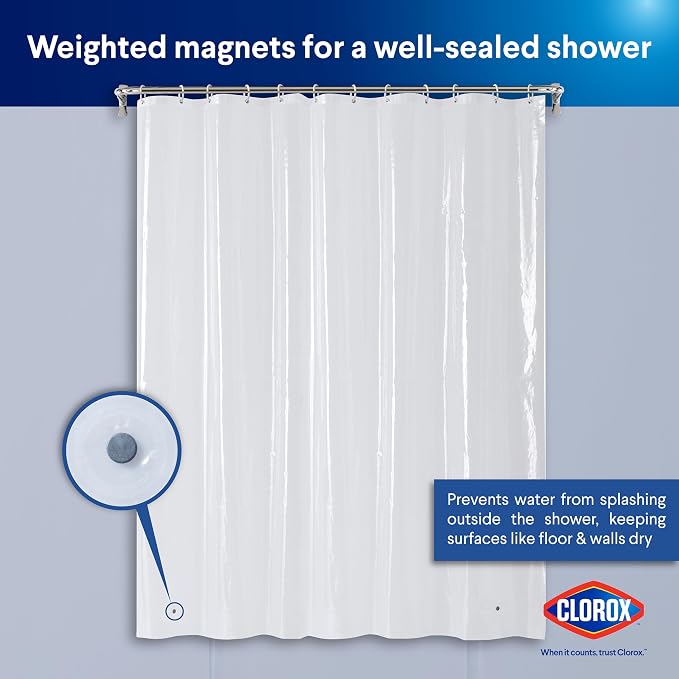 Clorox Shower Curtain Liner & Hooks, Premium Lightweight Flexible Waterproof 4g - Image 8
