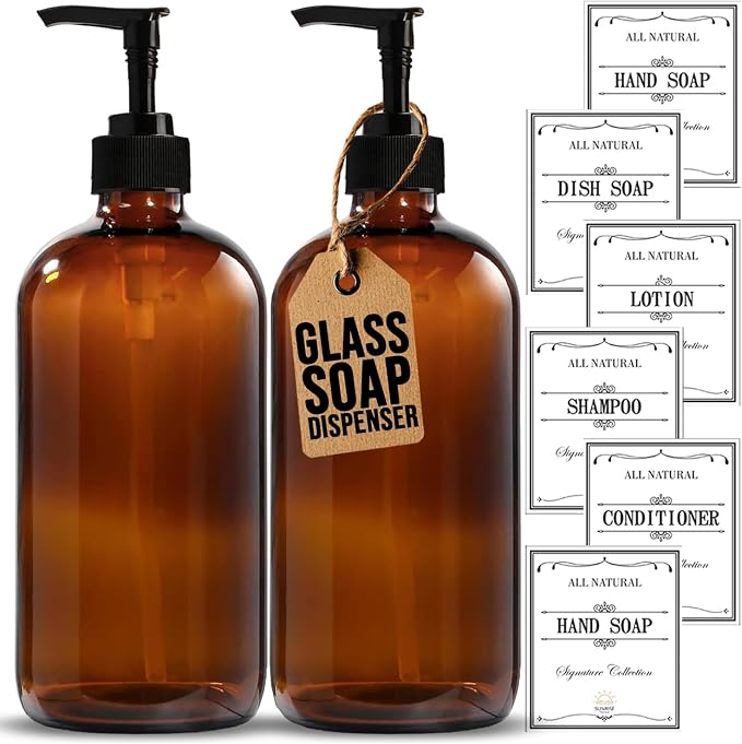 16 OZ Thick Amber Glass Soap Dispenser by SunrisePremium