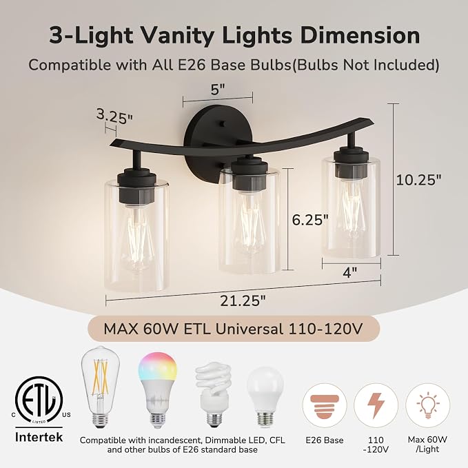 USHOWER 3-Light Bathroom Light Fixtures, Vanity Lights - Image 2