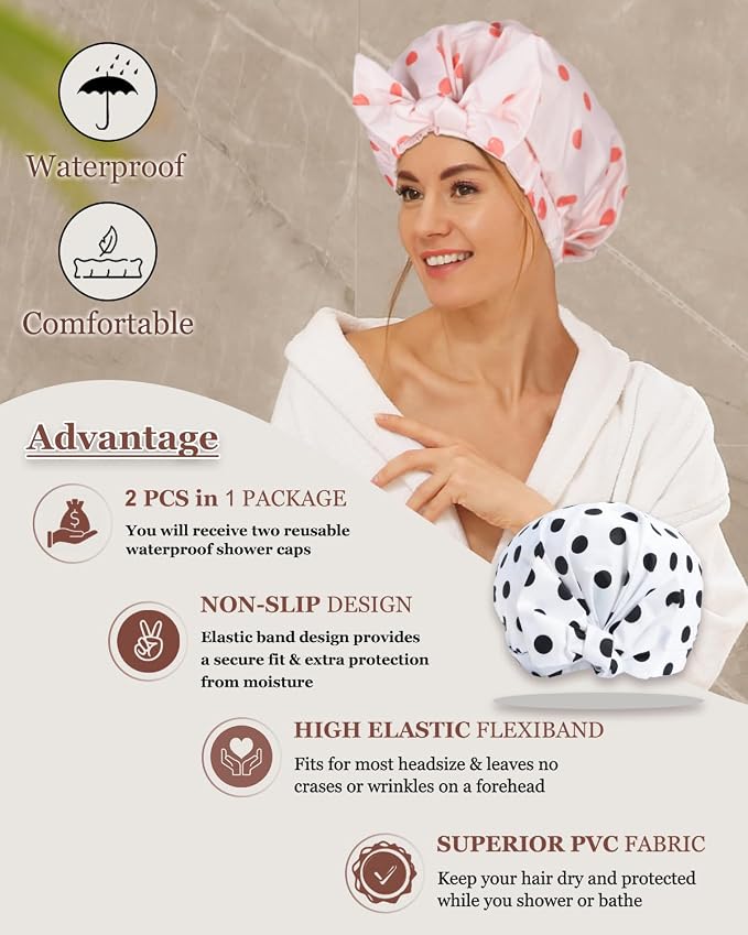 2Pcs Shower Caps for Women Shower Cap Reusable Waterproof Hair Cap for Shower - Image 3