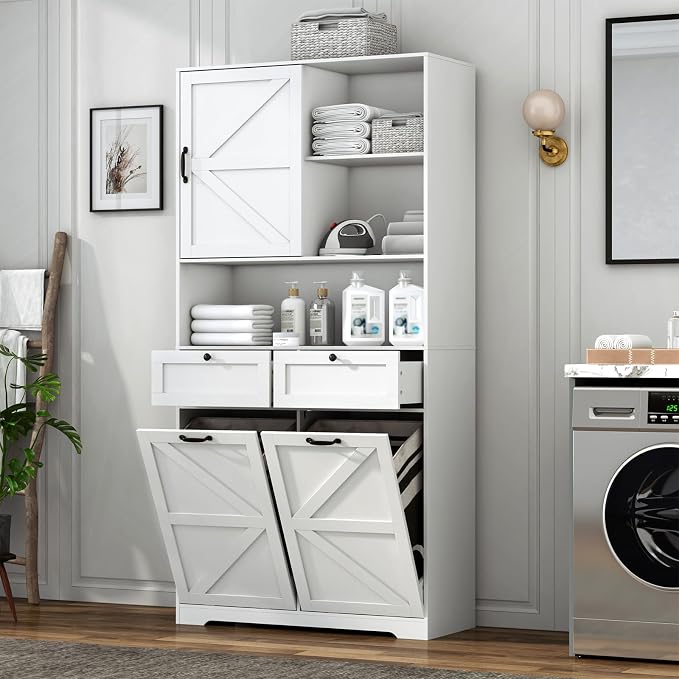 78" Tall Tilt-Out Double Doors Laundry Cabinet Hamper w Hidden Laundry Hamper by jiteentarou