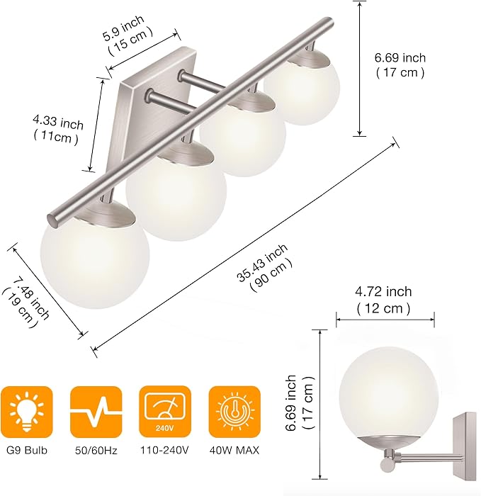 New Bathroom Vanity Light Fixtures 4 Lights Brushed Nickel Glass Shade Modern - Image 4