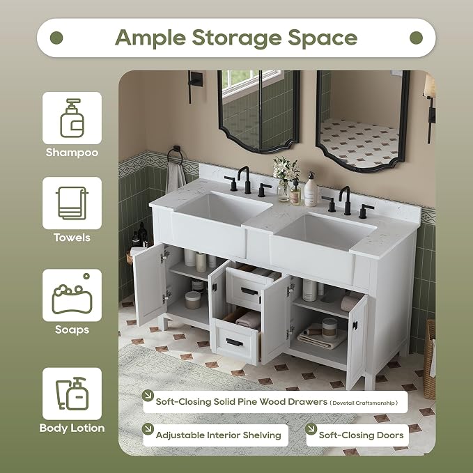 60 Inch Bathroom Vanity with Double Sink, Farmhouse Bathroom Sink Cabinet with - Image 6