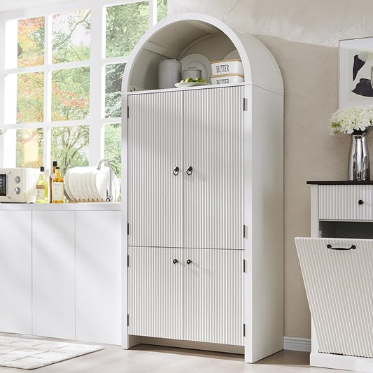 71" Tall Arched Kitchen Pantry, Modern Fluted Wood Storage Cabinet by IFGETEnrichYourLivingSpace