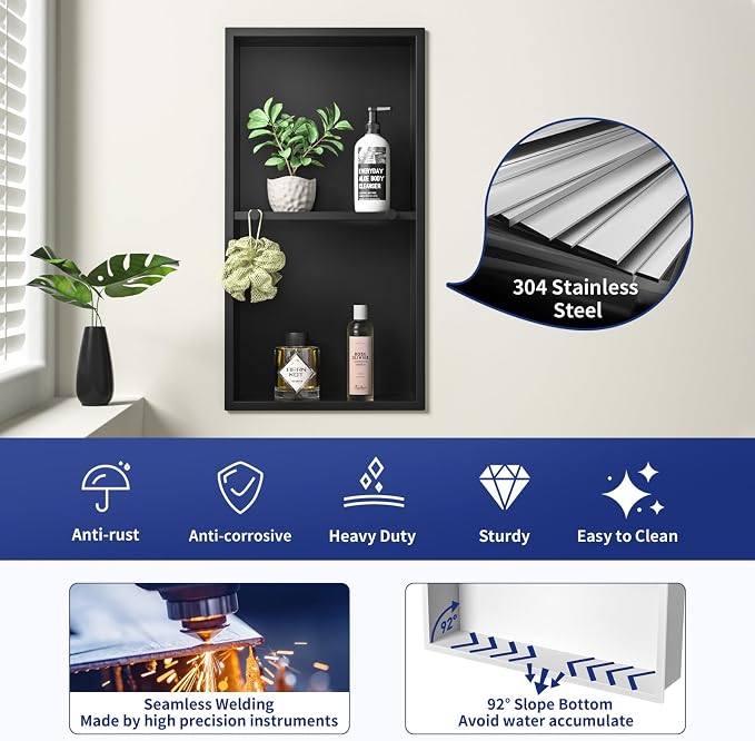 Stainless Steel Shower Niche w/Hooks, Wall Vertical Niche Without Tiling - Image 5