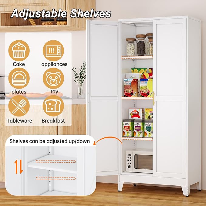 Metal Pantry Cabinet with 2 Doors and Adjustable Shelves - Image 8