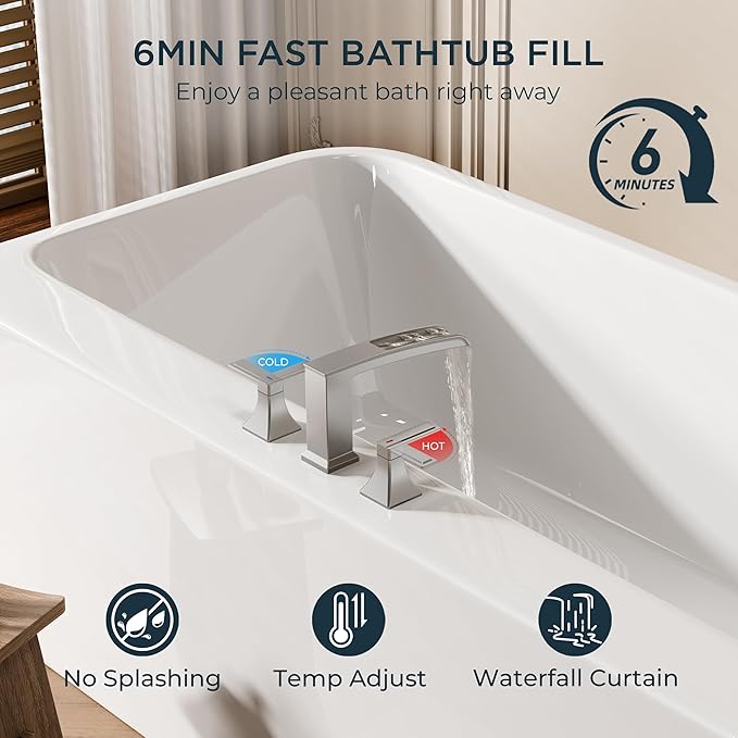FORIOUS Waterfall Bathtub Faucet Set 3 Hole Brushd Nickel, 2 Handle Deck Mount - Image 6
