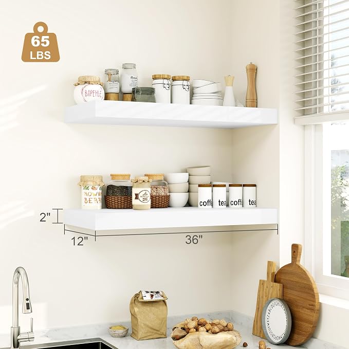 12" Deep White Floating Shelves, Over Toilet Long Wall Mounted Modern Farmhouse - Image 3