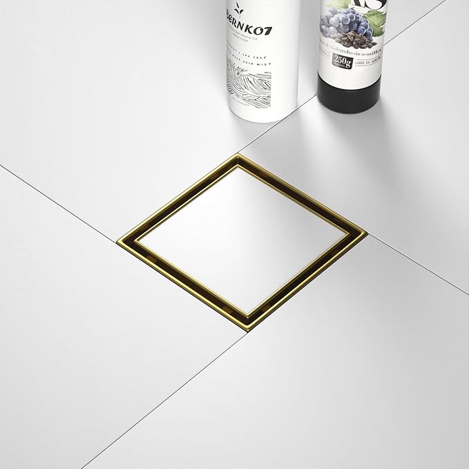 Square Shower Drain 4", Brushed Gold Floor Drain by Bernkot