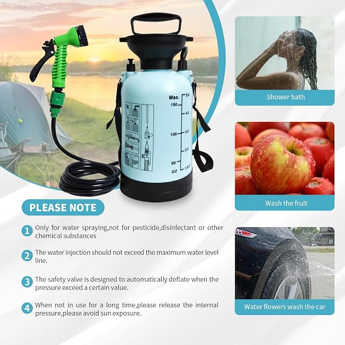 Portable Shower Blue 5L with 7 Spray Modes, Hand Press with Removable Hose and - Image 5