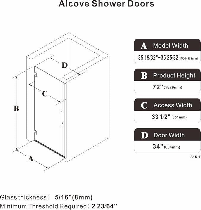 35.6-35.8" x 72" Frameless Hinged Shower Door, Single Swing Shower Panel - Image 7