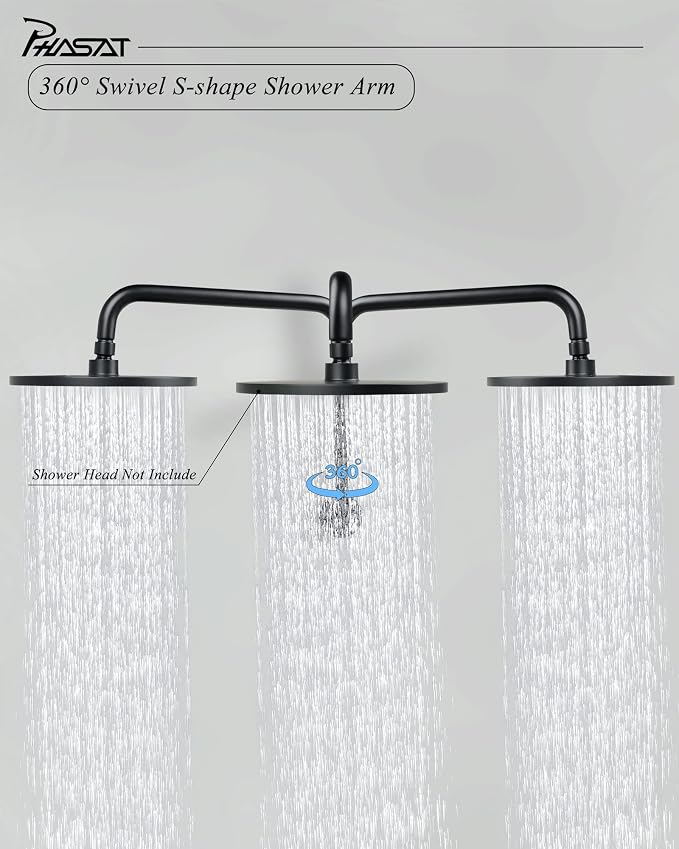 PHASAT Black Shower Head Arm, S Shaped Shower Arm - Image 3