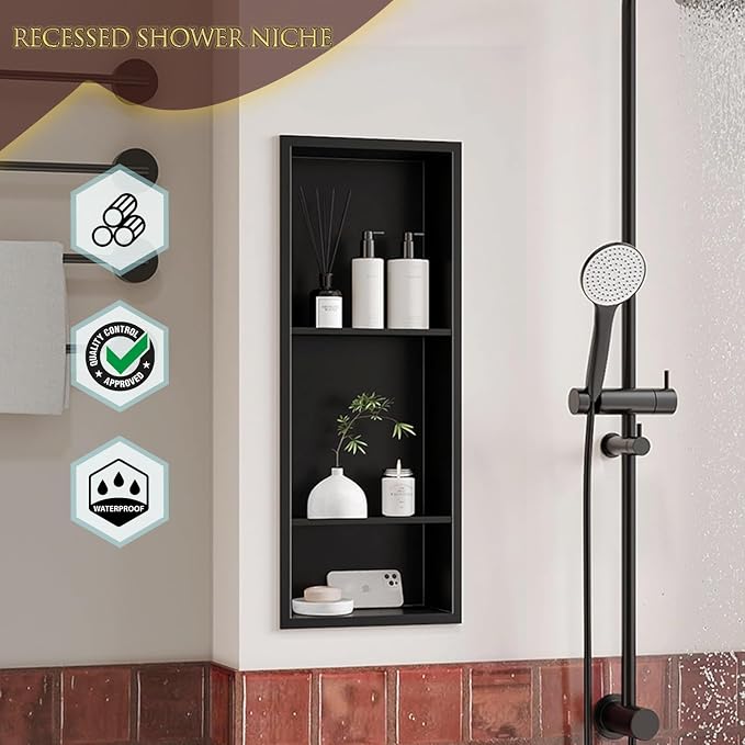 Neodrain 12X30 Inch Matte Black 3-Tier Stainless Steel Shower Niche, NO Tile - Image 3