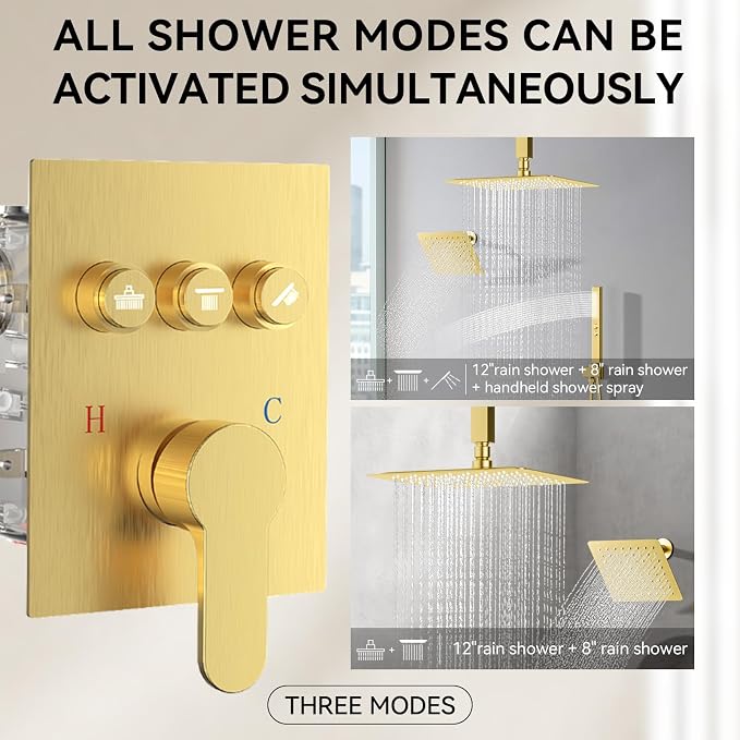 Brushed Gold Shower System, STARBATH 12+8" Rainfall Shower System - Image 3
