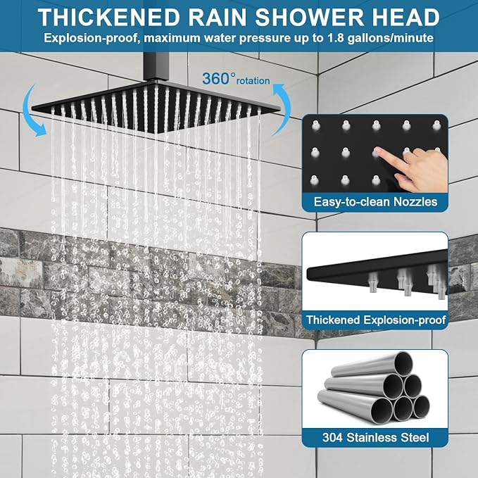Shower Faucet Set Black Shower System, Ceiling Mount 12 Inch Shower Head - Image 3