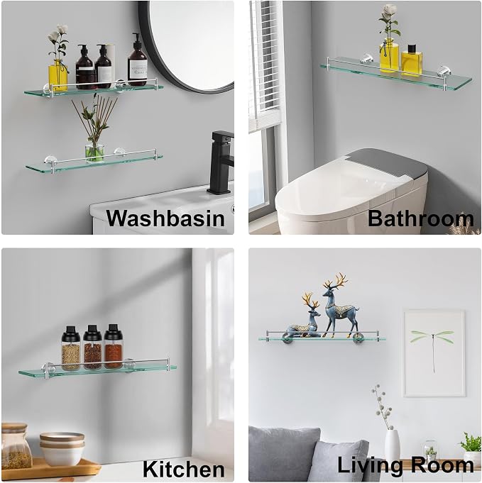 20 Inches Glass Shelves for Bathroom, Chrome Polished Floating Glass Shelf - Image 7