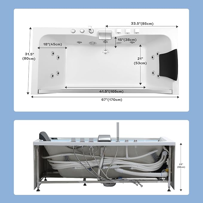 Empava 67" x 30" Whirlpool Tub, 750W Acrylic Jetted Bathtub - Image 3