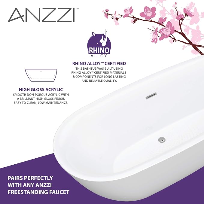 ANZZI Freestanding Tub 67”, Soaker Tub, Acrylic Center Drain, Luxury Spacious - Image 6
