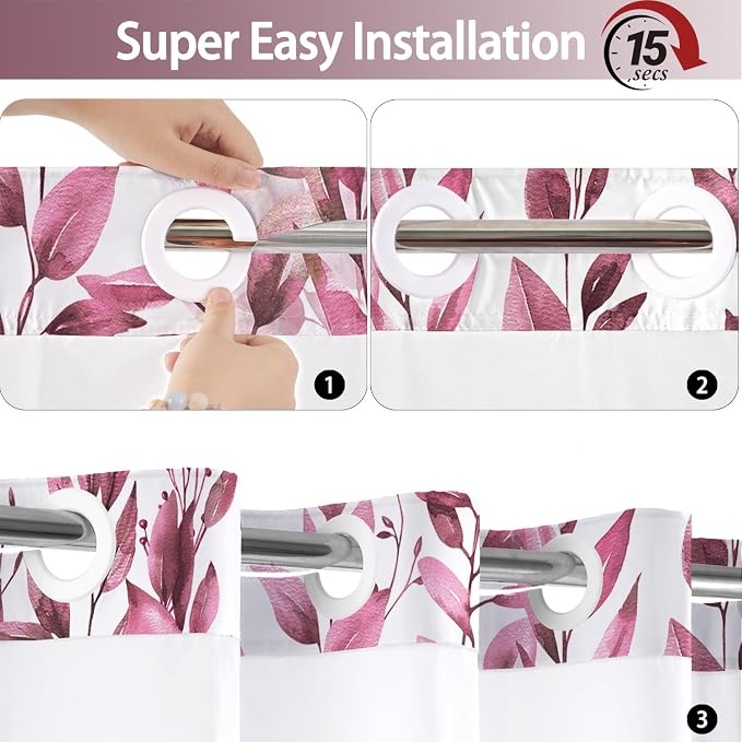 No Hook Shower Curtain and Liner Set, Dark Red Eucalyptus Floral Shower Curtains - Image 4