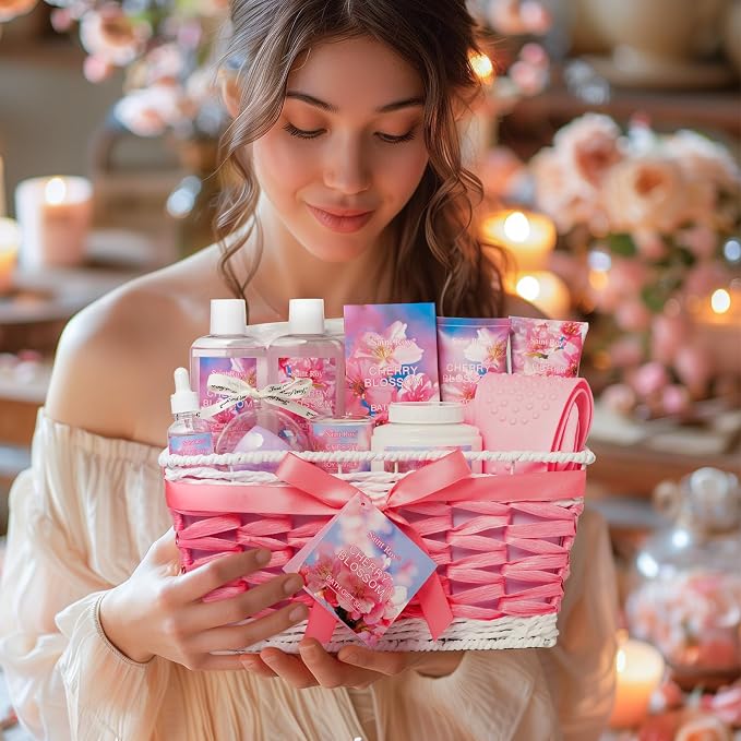 Bath & Body Gift Set, Luxury Home Spa Bath Gift Basket, Cherry Blossom spa kit - Image 4