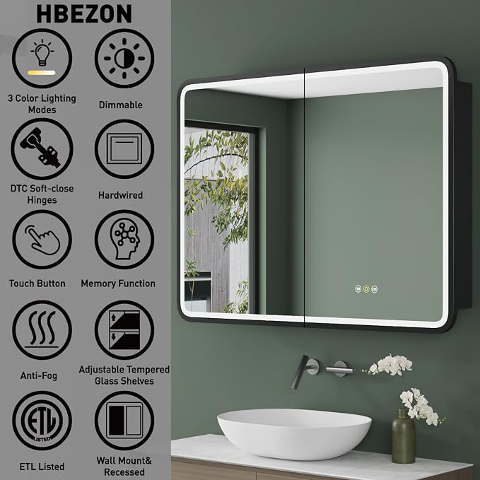 Medicine Cabinet with LED Lights and Mirror, 32 x 30 Inch Wall or Recessed - Image 3
