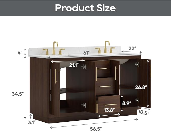60 Inch Bathroom Vanity with Double Sink, Solid Wood Frame with Engineered - Image 2