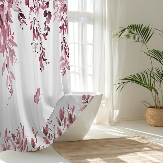 No Hook Shower Curtain and Liner Set, Dark Red Eucalyptus Floral Shower Curtains - Image 2