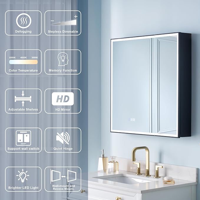 WELLFOR 30" X 30" LED Mirrored Medicine Cabinet, Medicine Cabinets - Image 5