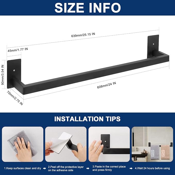 NearMoon Self Adhesive Bathroom Towel Bar, Stainless Steel Square Bath Wall - Image 2