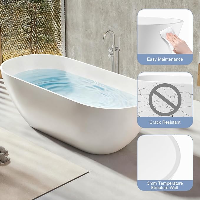 59 Inch Solid Surface Freestanding Bathtub, Oval Shaped Soaking Stone Resin - Image 4