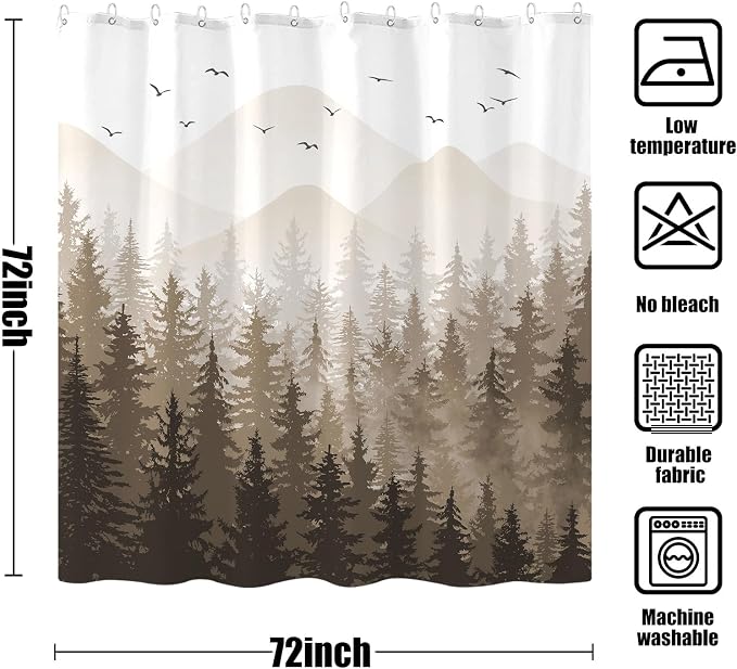 Aipon Brown Misty Forest Shower Curtain Ombre Nature Tree Plants Shower - Image 7