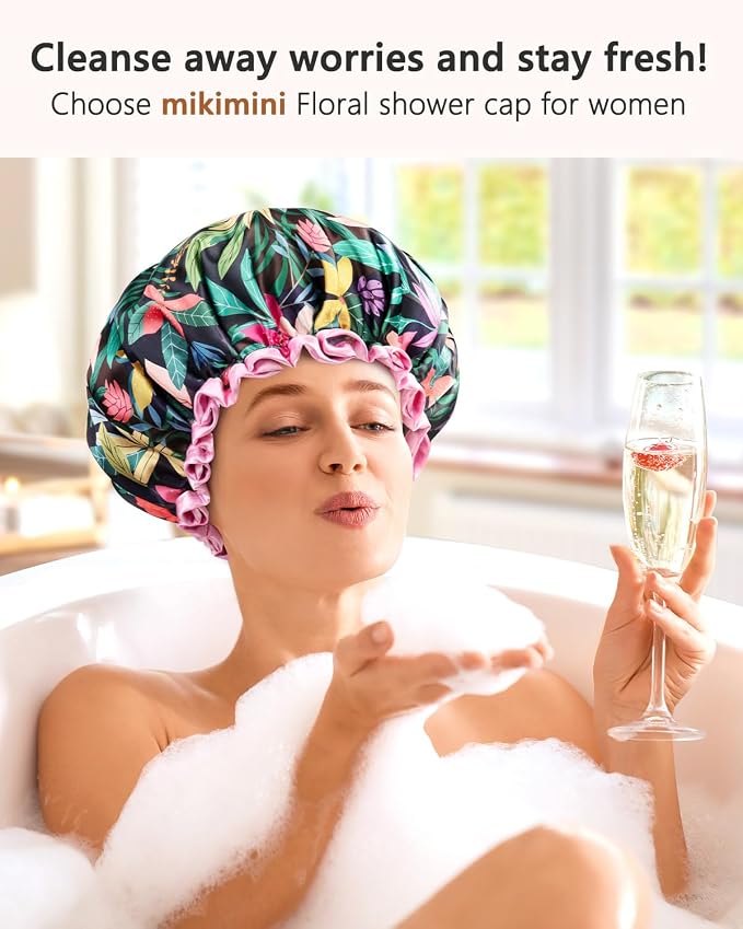 mikimini Large Shower Cap for Women Long Hair, Rainforest Bath Shower Caps - Image 6