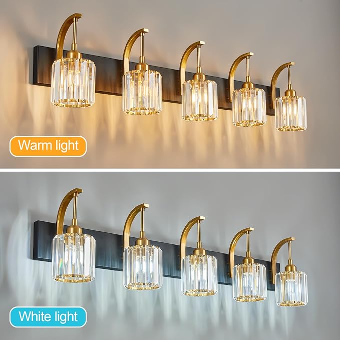 5-Light Crystal Vanity Light, Modern Black Gold Bathroom Wall Sconce - Image 2