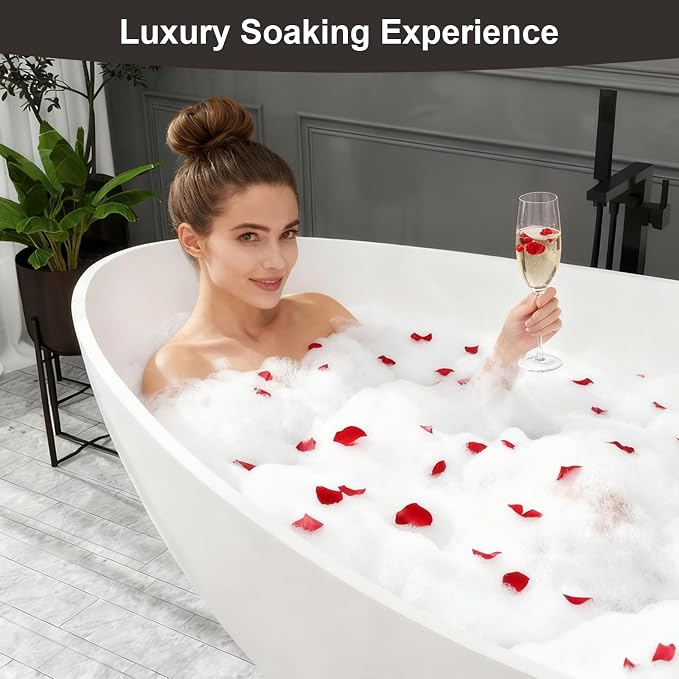 63 Inch Stone Resin Freestanding Bathtub, Modern Oval Soaking Bathtubs Tubs - Image 6