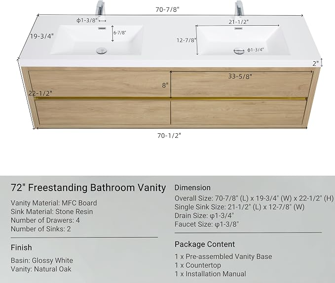 72" Wall-Mounted Bathroom Vanity - Image 2