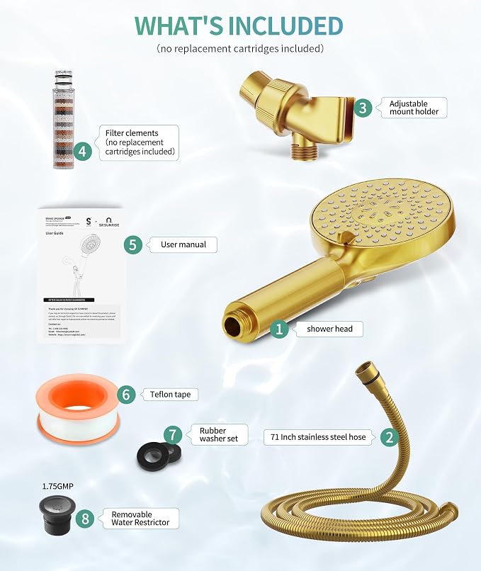 Filtered Shower Head with Handheld, High Pressure 9 Spray Mode Brushed Gold - Image 8